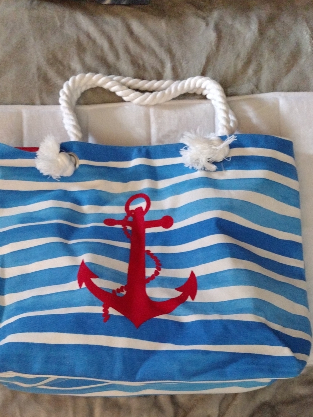 Blue & White Striped Nautical Tote Bag with Red Anchor